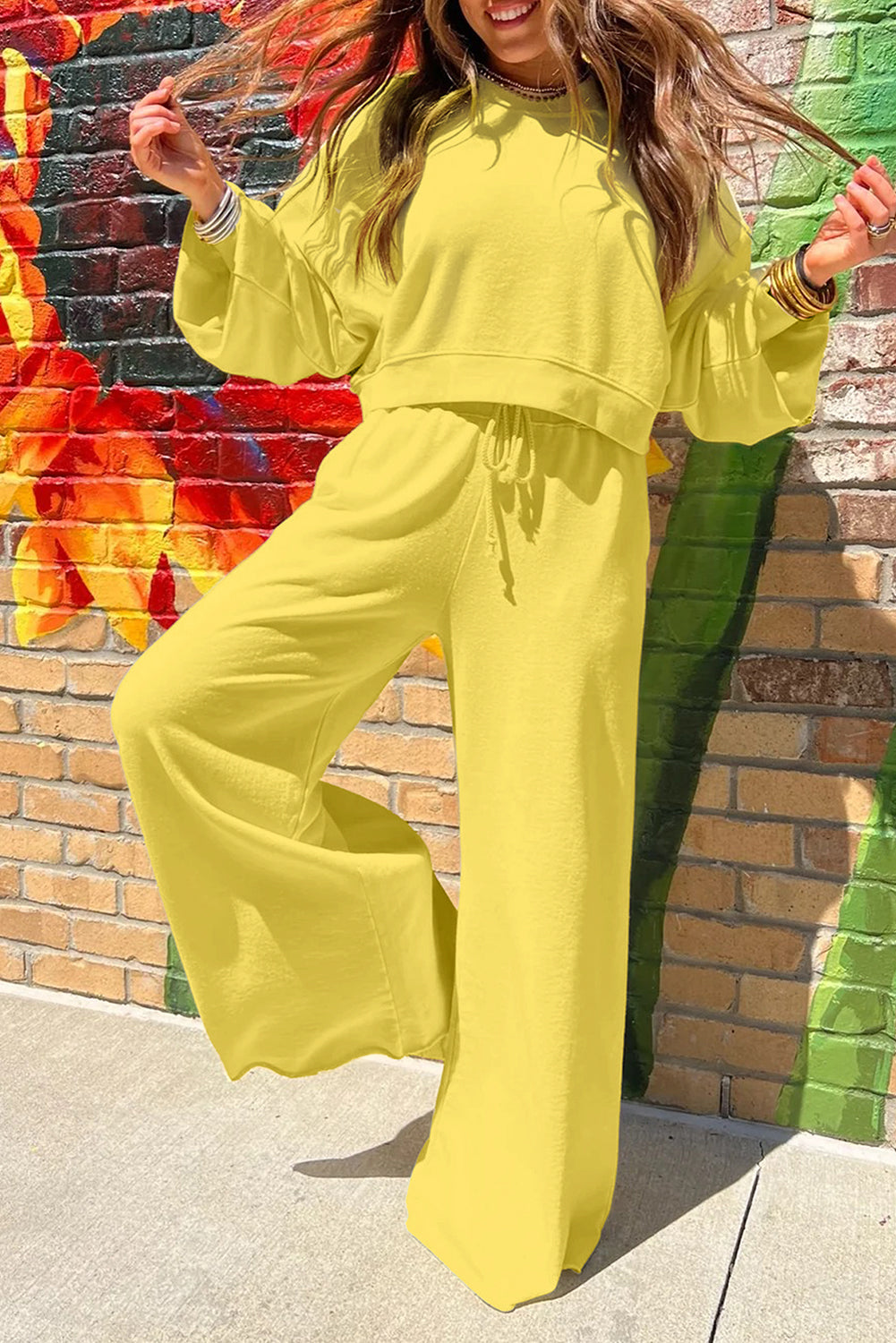 Yellow Cream Drop Shoulder Crop Pullover Drawstring Wide Leg Pants Set