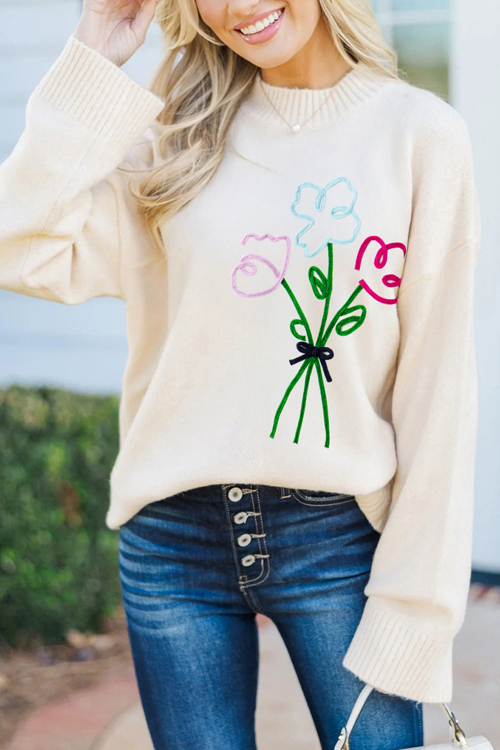 White Floral Embroidered Drop Sleeve Knit Sweater