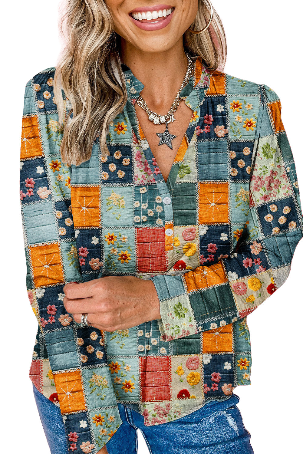 Sky Blue Checkered Floral Patchwork V Neck Blouse