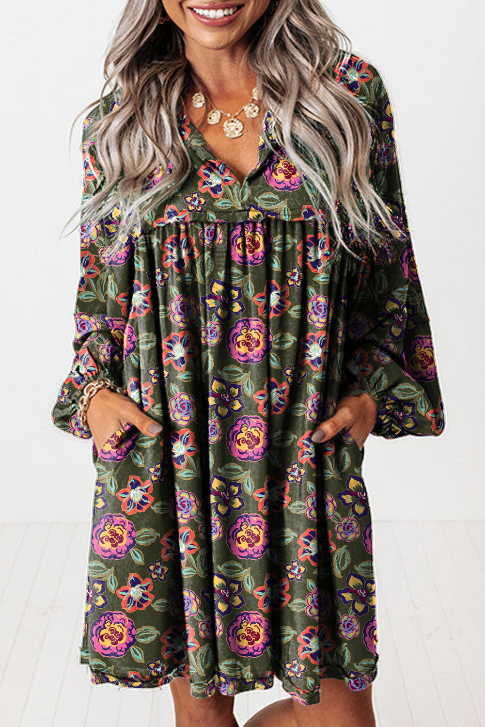 Green Floral Print Split Neck Bubble Sleeve Mini Dress