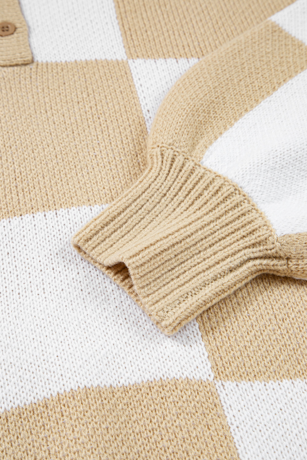 Light French Beige Checkered V-Neck Collared Pullover Sweater