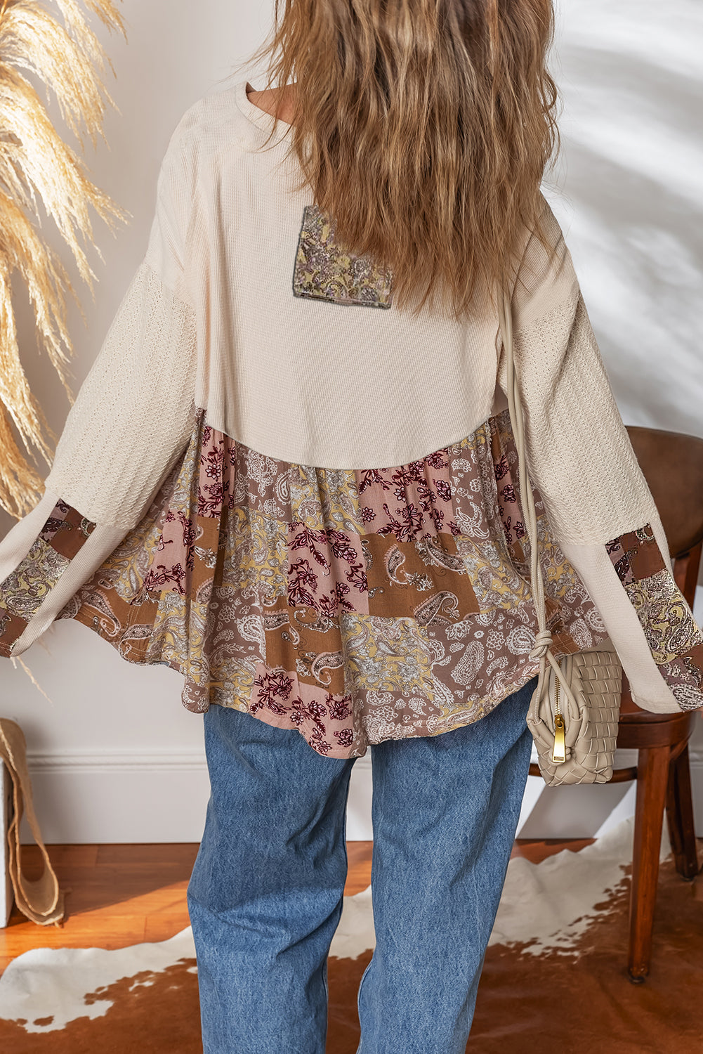 Beige Paisley Ethnic Print Waffle Patchwork Long Sleeve Loose Top