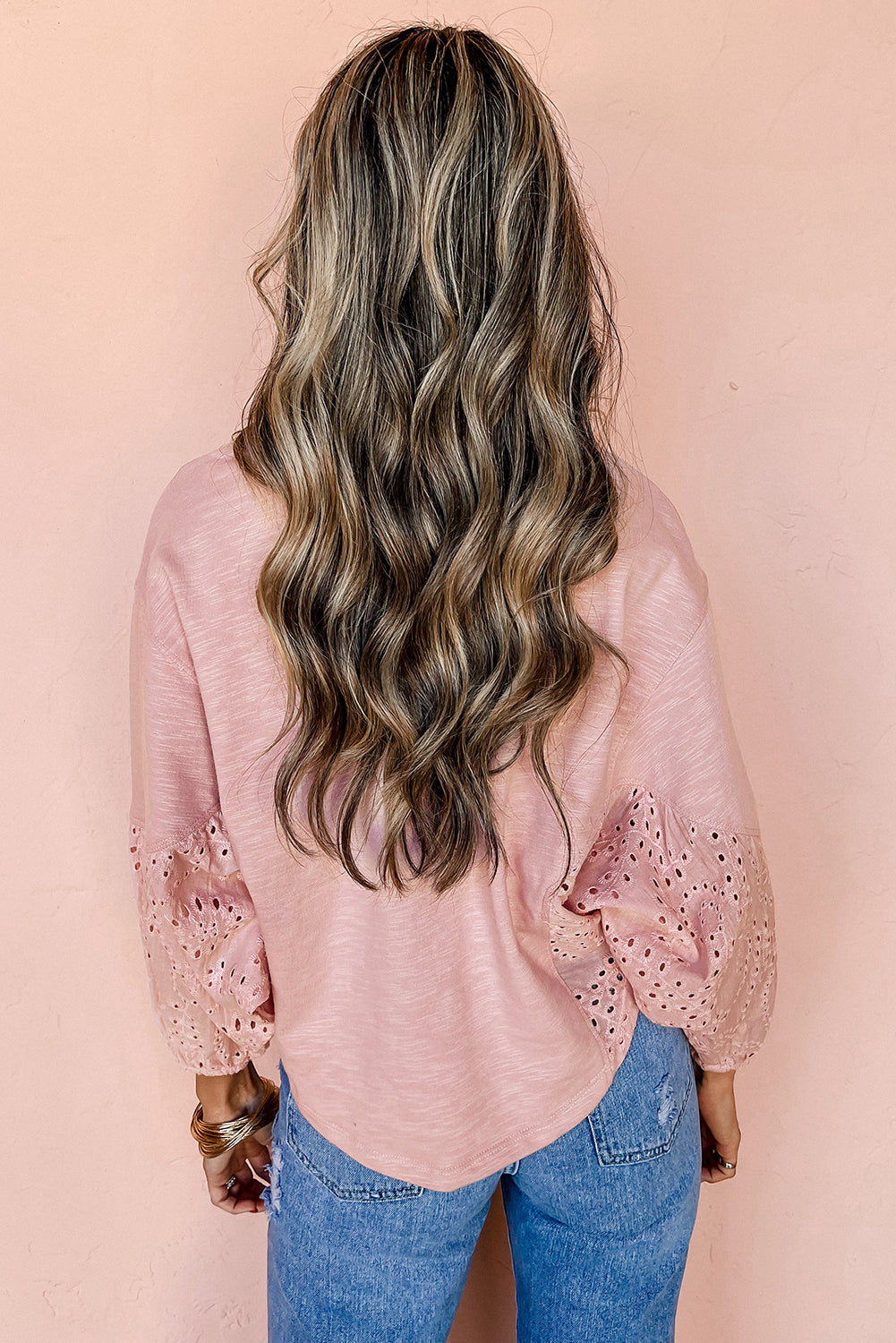 Light Pink Notch V Neck Batwing Sleeve Patchwork Blouse