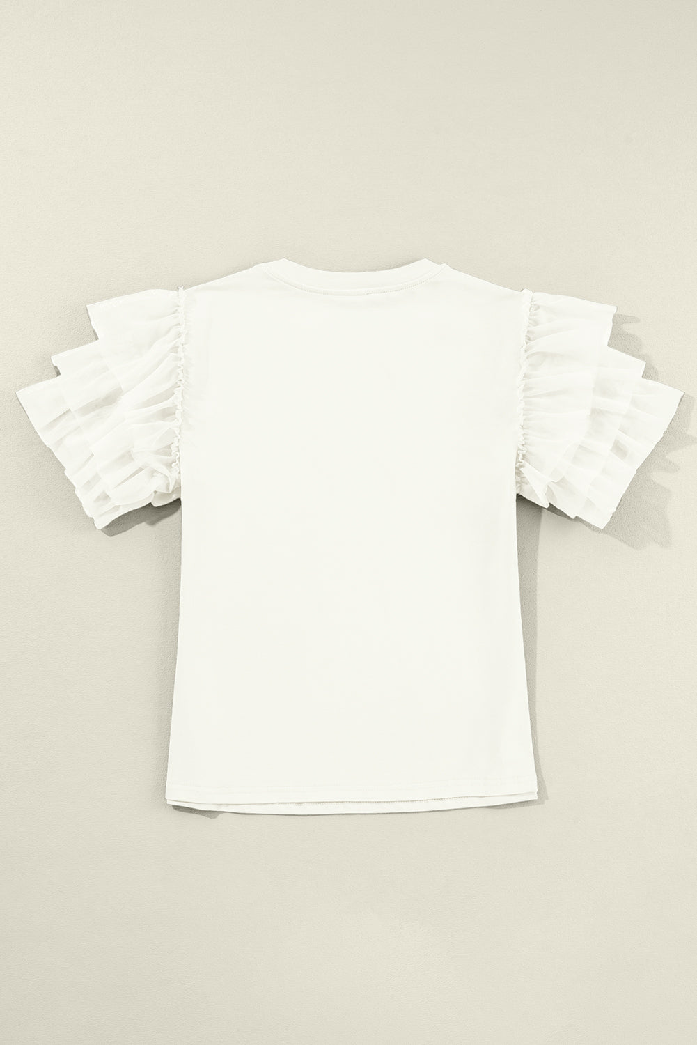 White Plain Tulle Round Neck Ruffle Sleeve Blouse