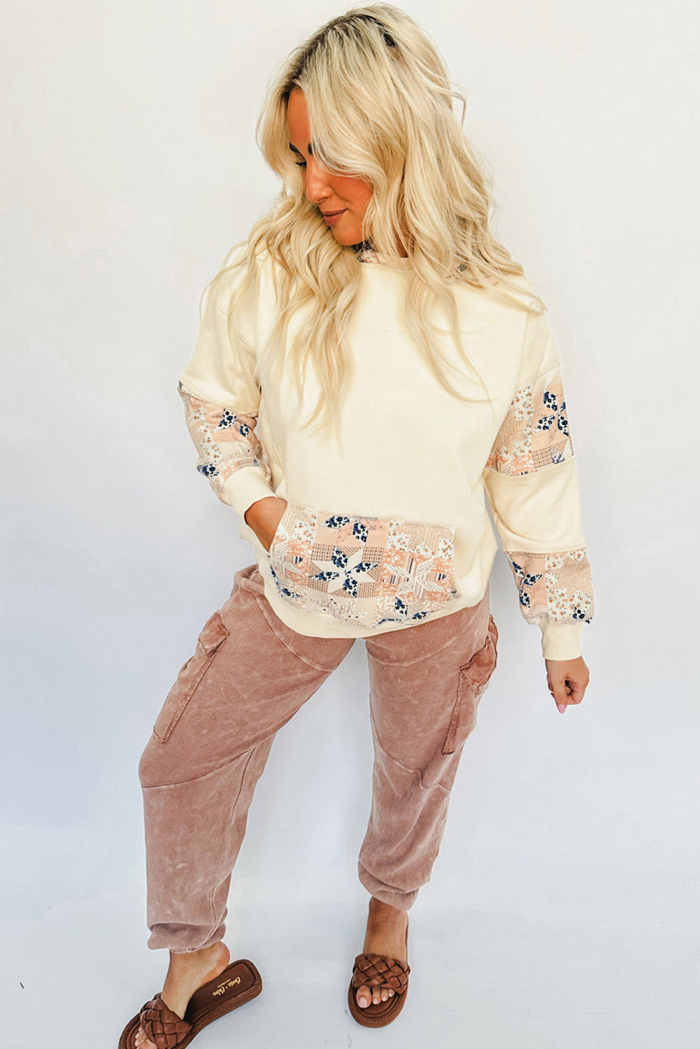 Beige Geometric Pattern Patchwork Hoodie