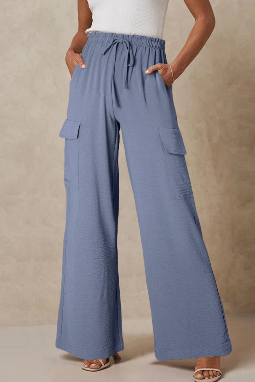 Dark Grey Drawstring Smocked Waist Wide Leg Utility Trousers