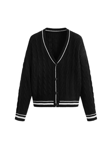 CIDER Cable Knit V-Neck Contrasting Binding Button Oversized Cardigan: Black, M