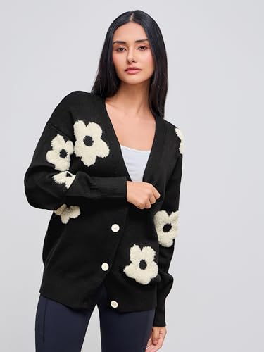 CIDER Womens Cardigan V Neck Floral Cardigan for Women Knit Button Down 2024 Fall Black