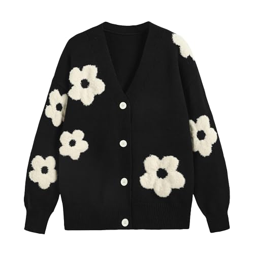 CIDER Womens Cardigan V Neck Floral Cardigan for Women Knit Button Down 2024 Fall Black