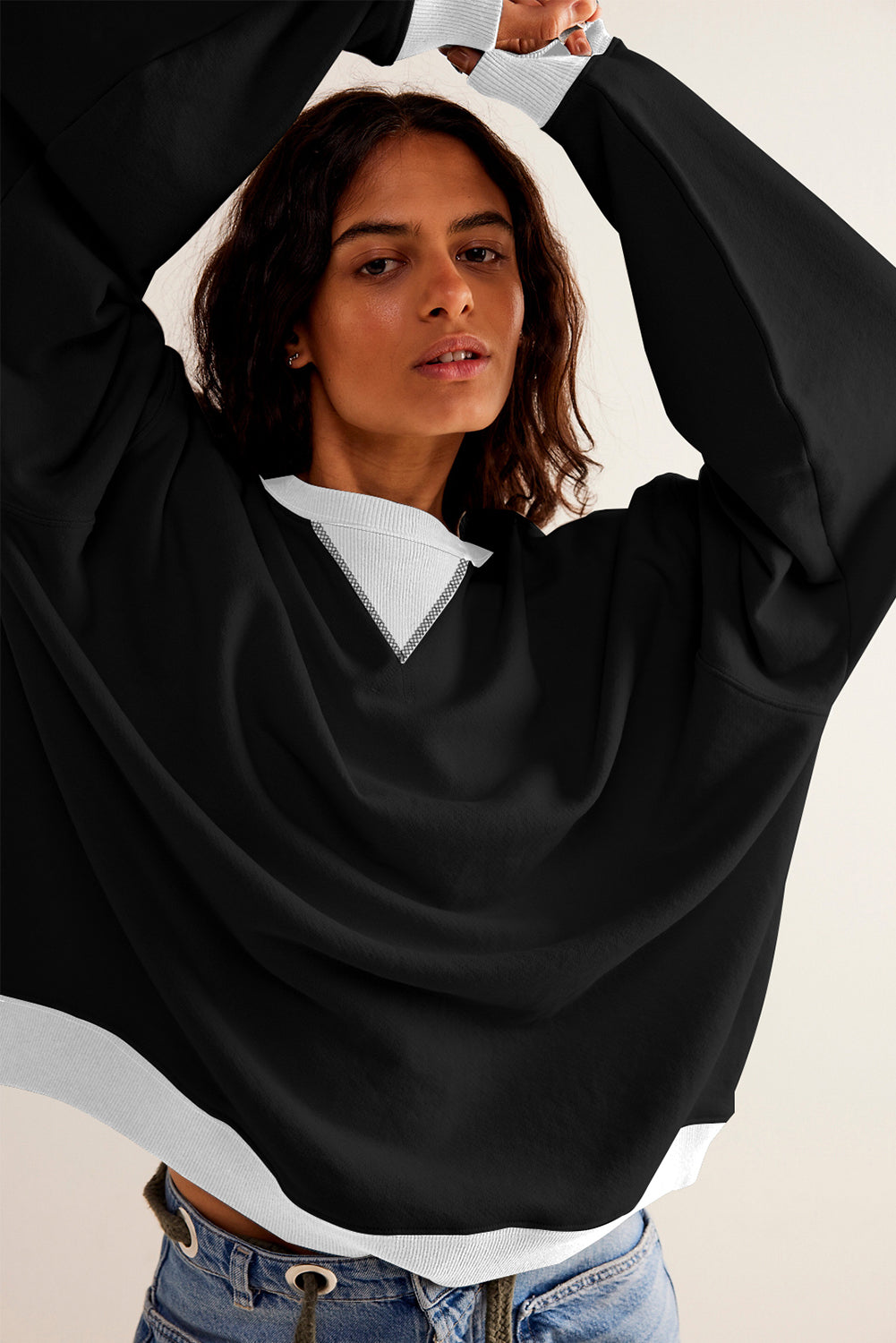 Black Contrast Ribbed Color Block Patchwork Baggy Sweatshirt
