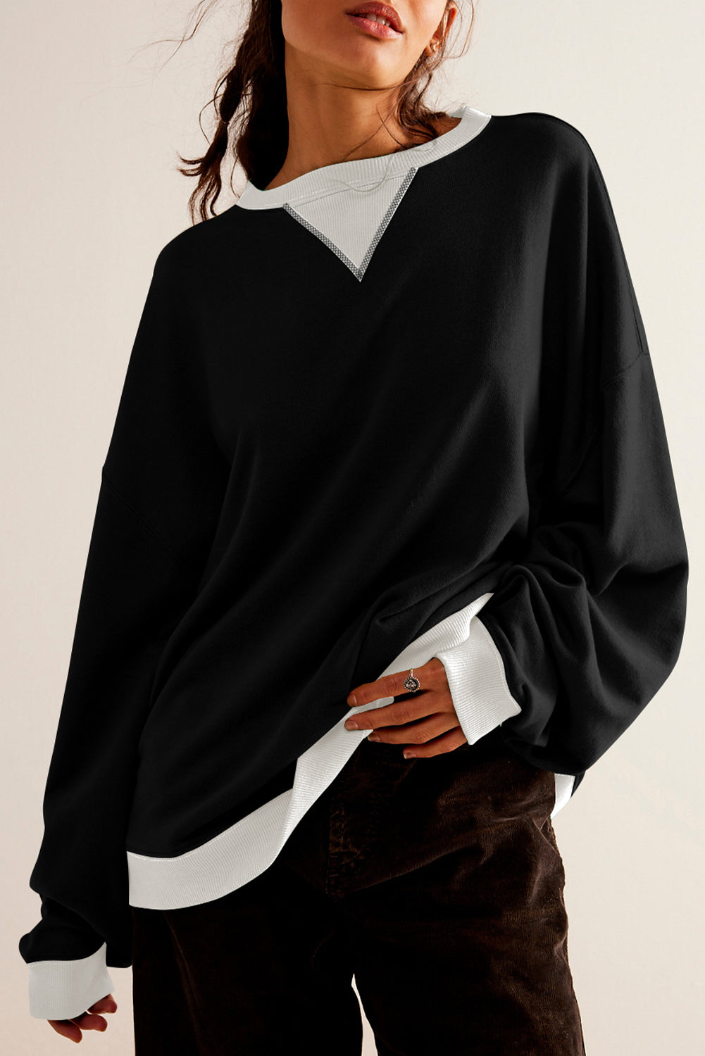 Black Contrast Ribbed Color Block Patchwork Baggy Sweatshirt