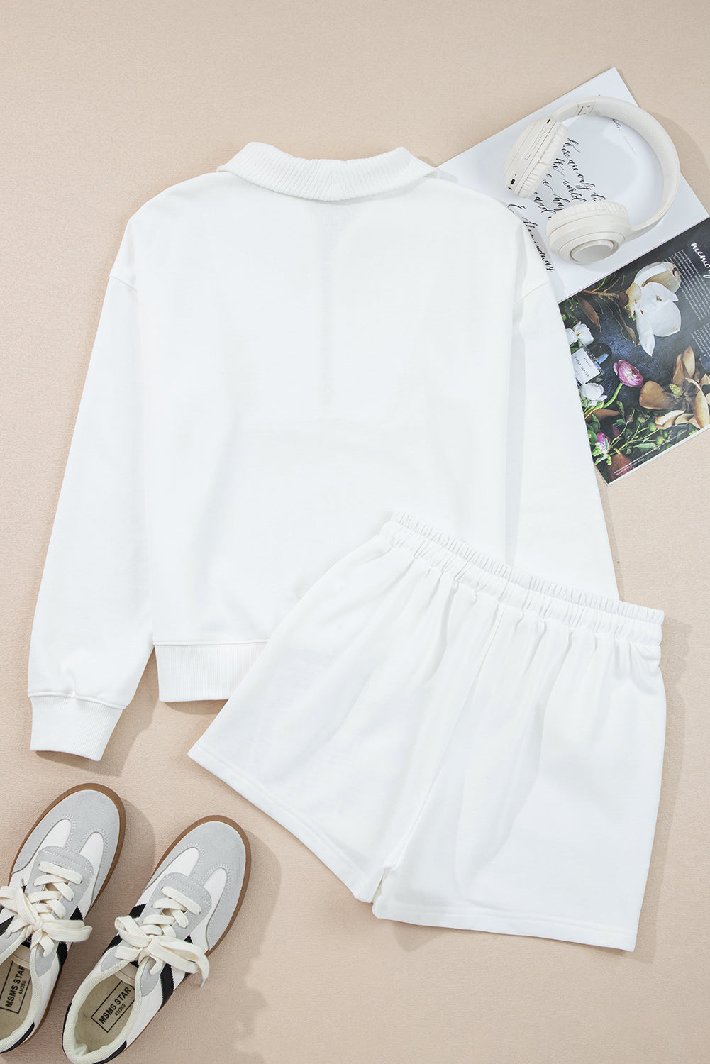 White Ribbed Collar Drop Shoulder Sweatshirt and Shorts Set