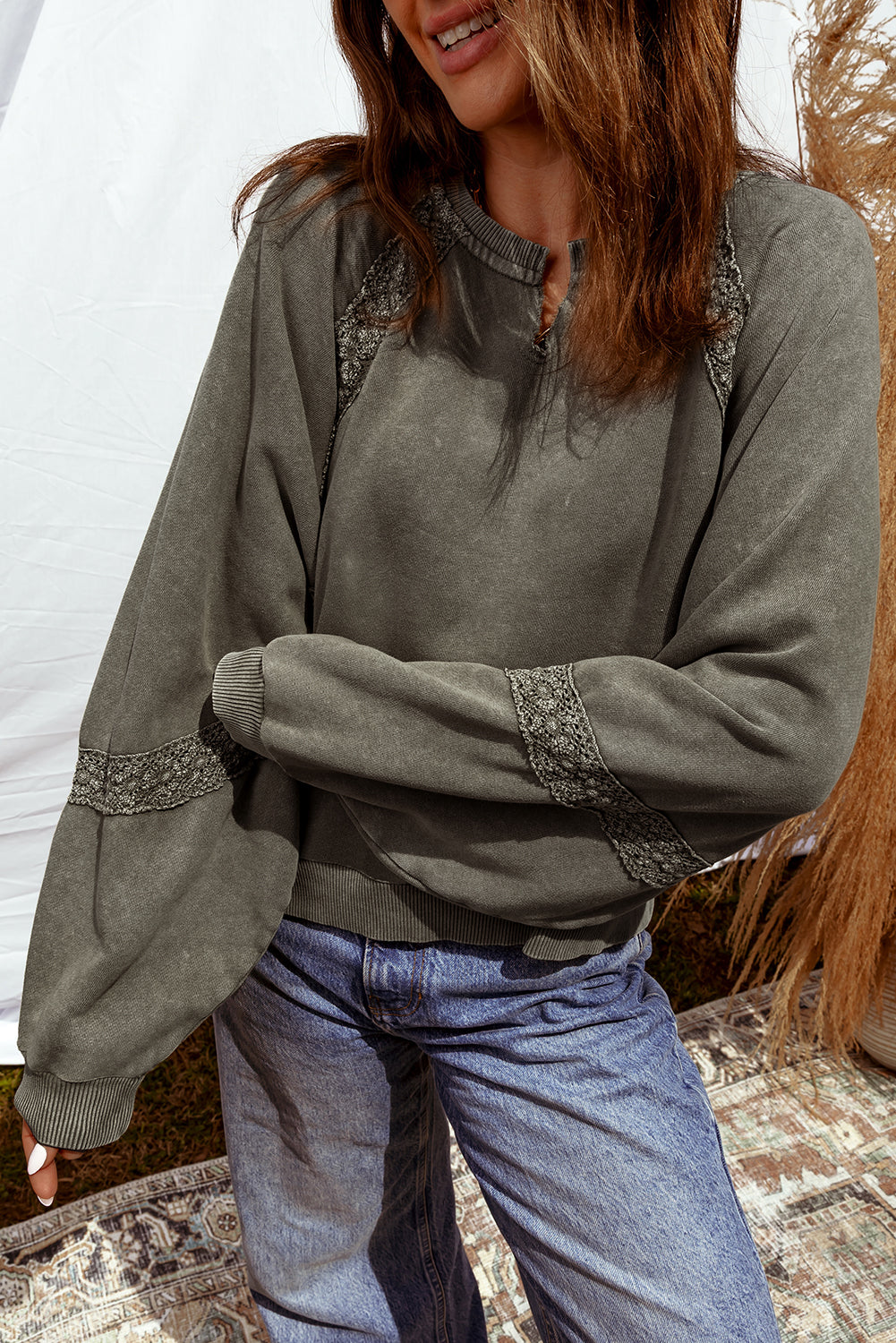 Jungle Green Lace Applique Notched Neck Mineral Wash Baggy Sweatshirt