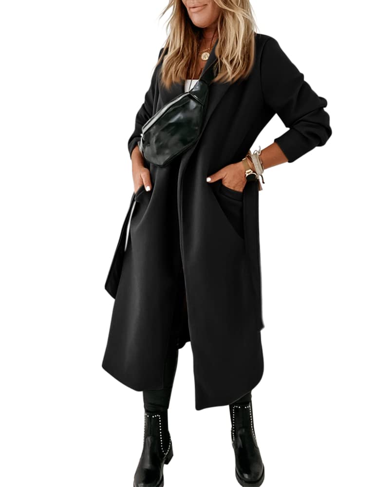 Womens Classic Coat Lapel Collar Open Front Belted Long Jacket