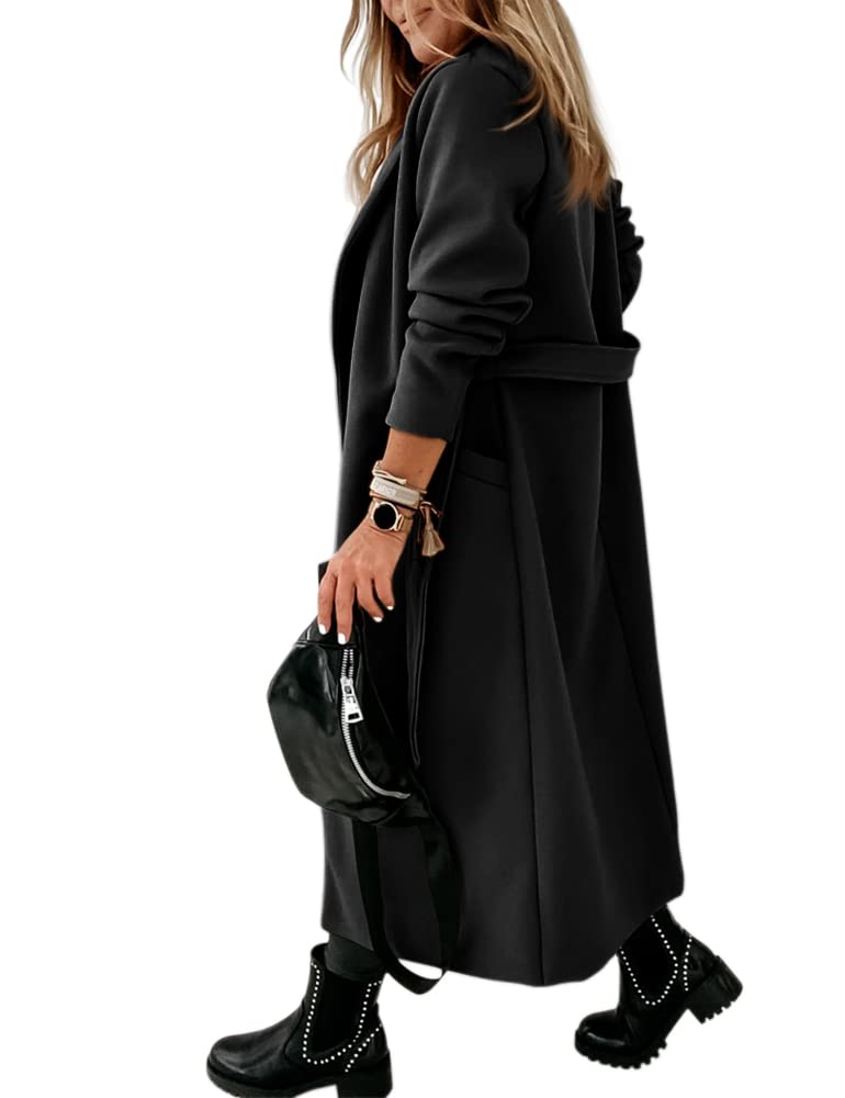 Womens Classic Coat Lapel Collar Open Front Belted Long Jacket