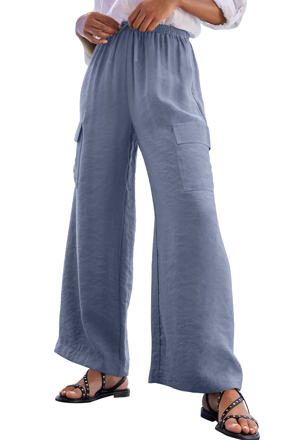 Dark Grey Drawstring Smocked Waist Wide Leg Utility Trousers