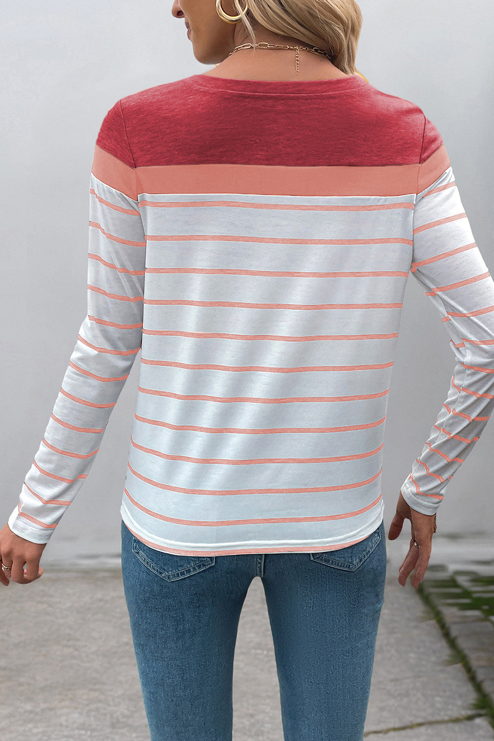 Red Stripe Colorblock Casual Long Sleeve Top