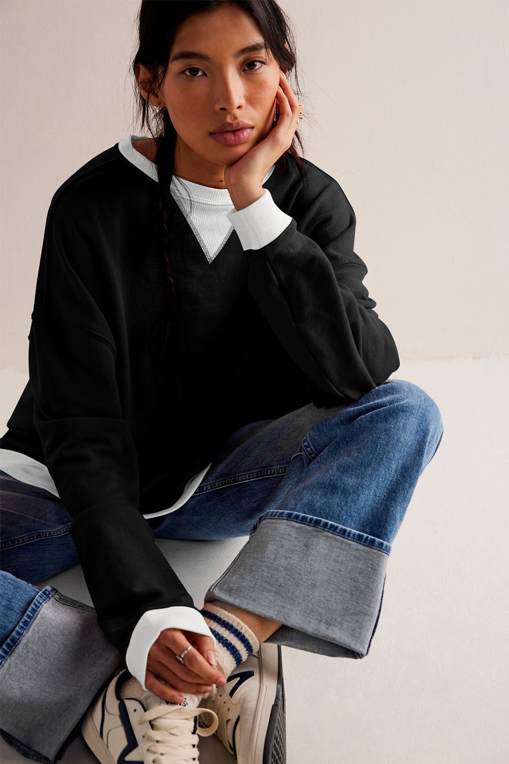 Black Contrast Ribbed Color Block Patchwork Baggy Sweatshirt