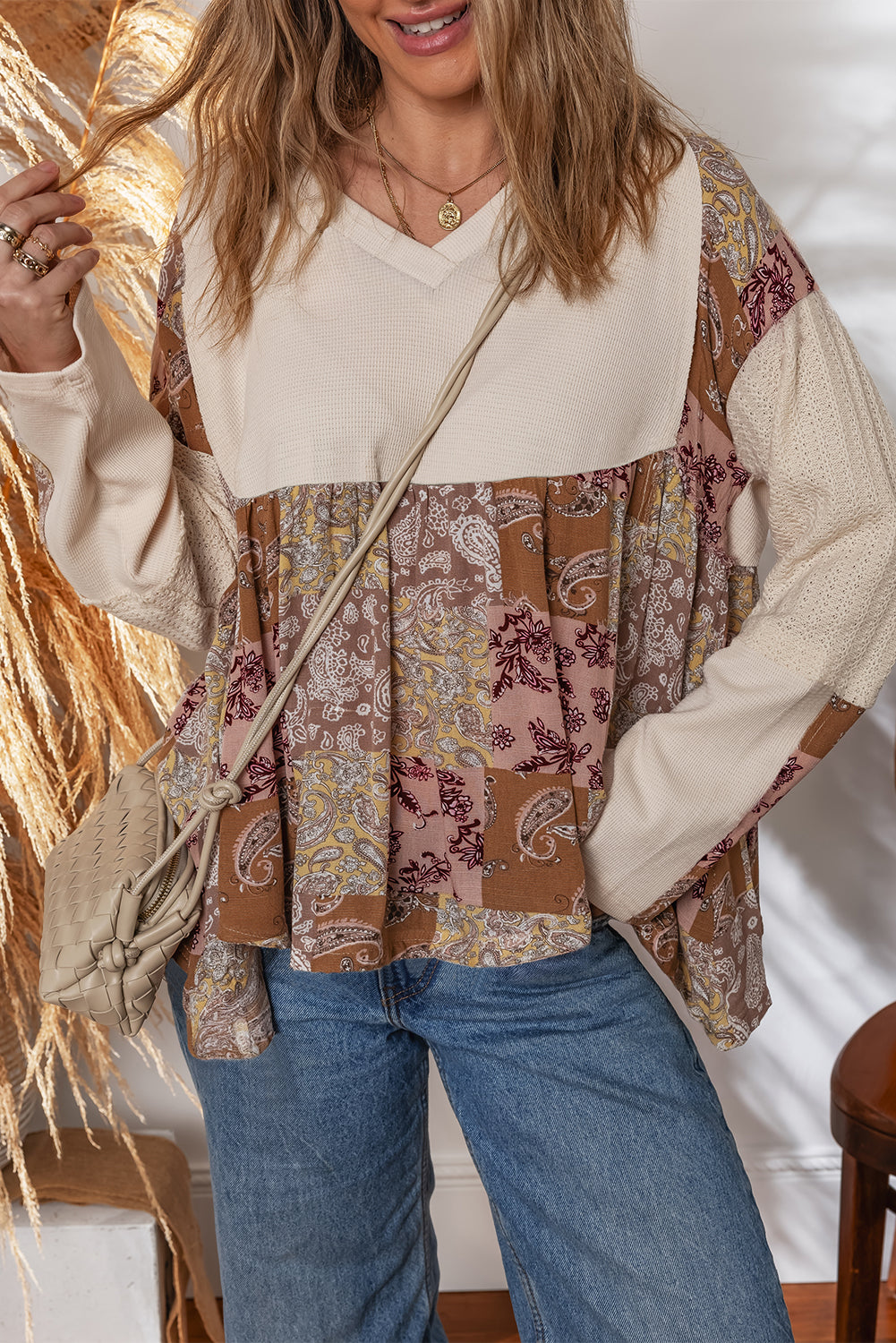 Beige Paisley Ethnic Print Waffle Patchwork Long Sleeve Loose Top