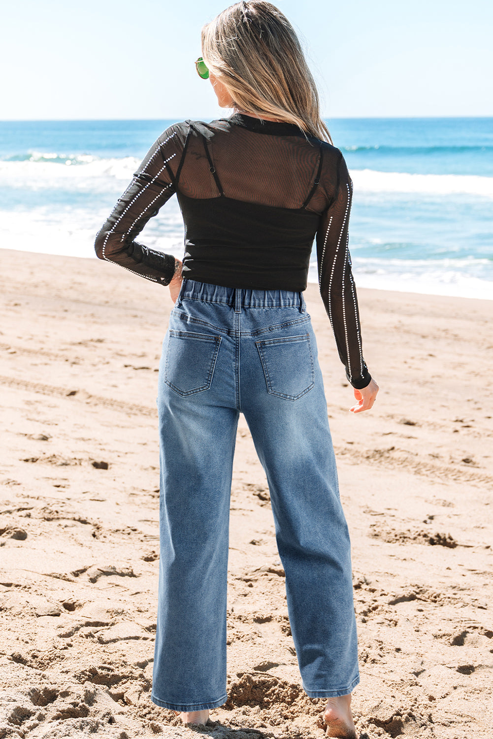 Stone Blue Star Patchwork Light Wash Wide Leg High Waist Jeans