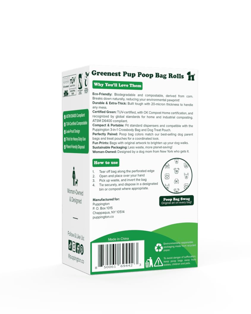 Puppington Certified Home Compostable Poop Bags - ASTM D6400 Compliant - 270 Extra Thick Bags - Plant Based - Pairs with Puppington 3-in-1 Bag & Fits all Standard Poop Bag Dispensers (Latte Beige)