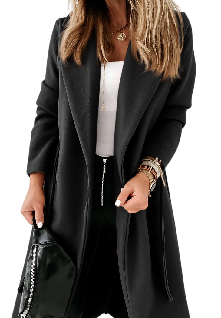 Womens Classic Coat Lapel Collar Open Front Belted Long Jacket