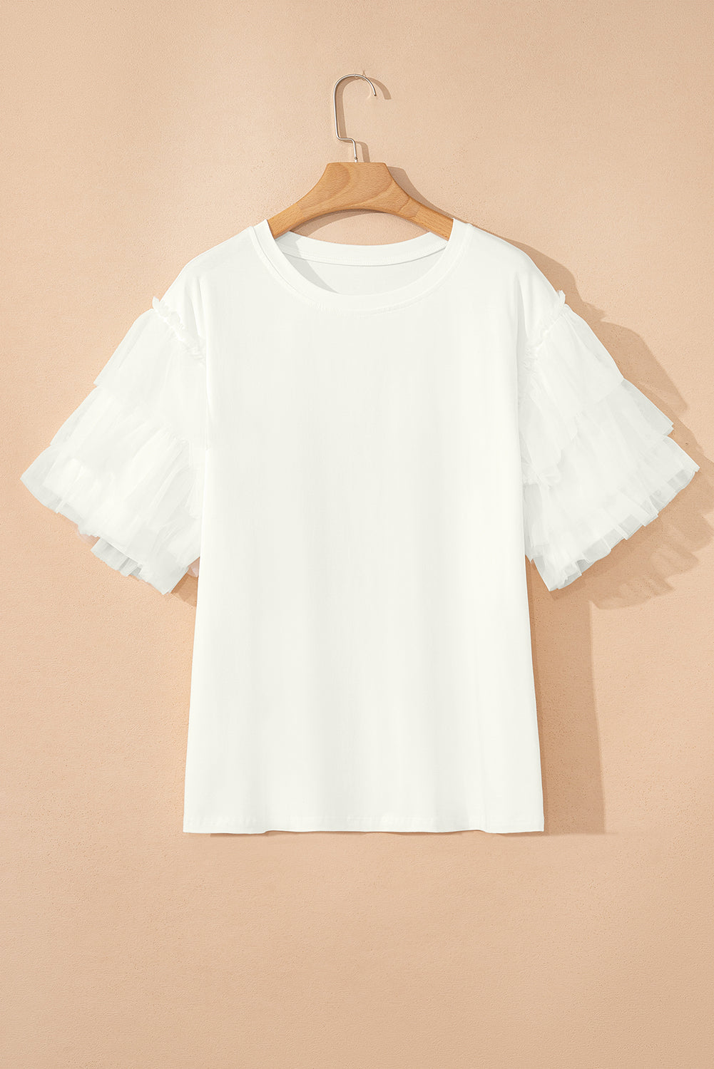 White Plain Tulle Round Neck Ruffle Sleeve Blouse