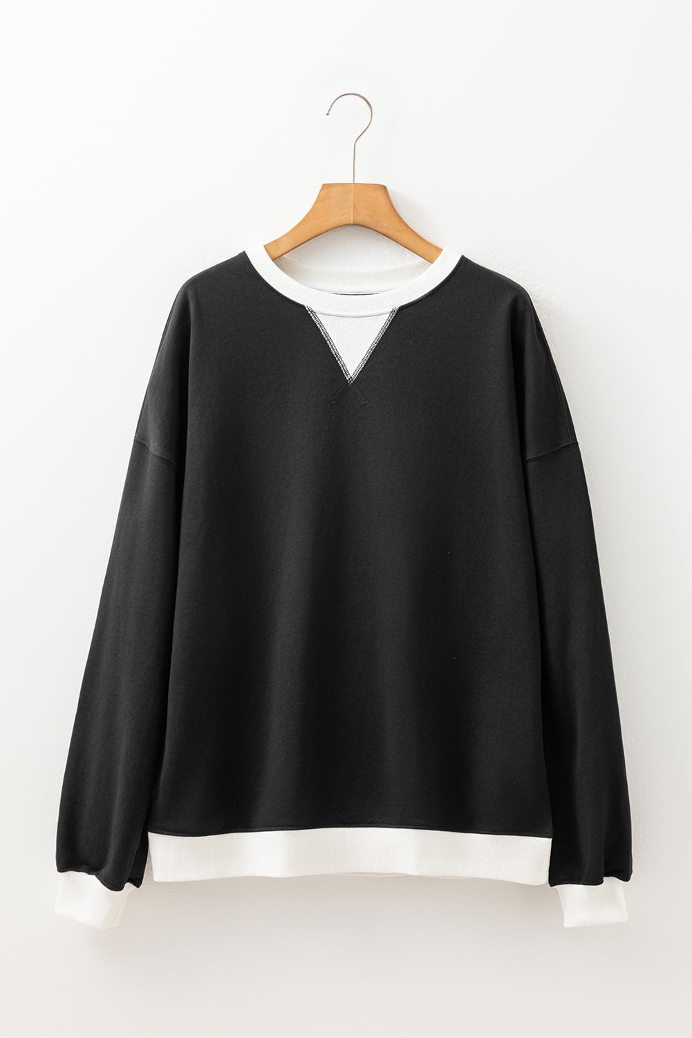 Black Contrast Ribbed Color Block Patchwork Baggy Sweatshirt