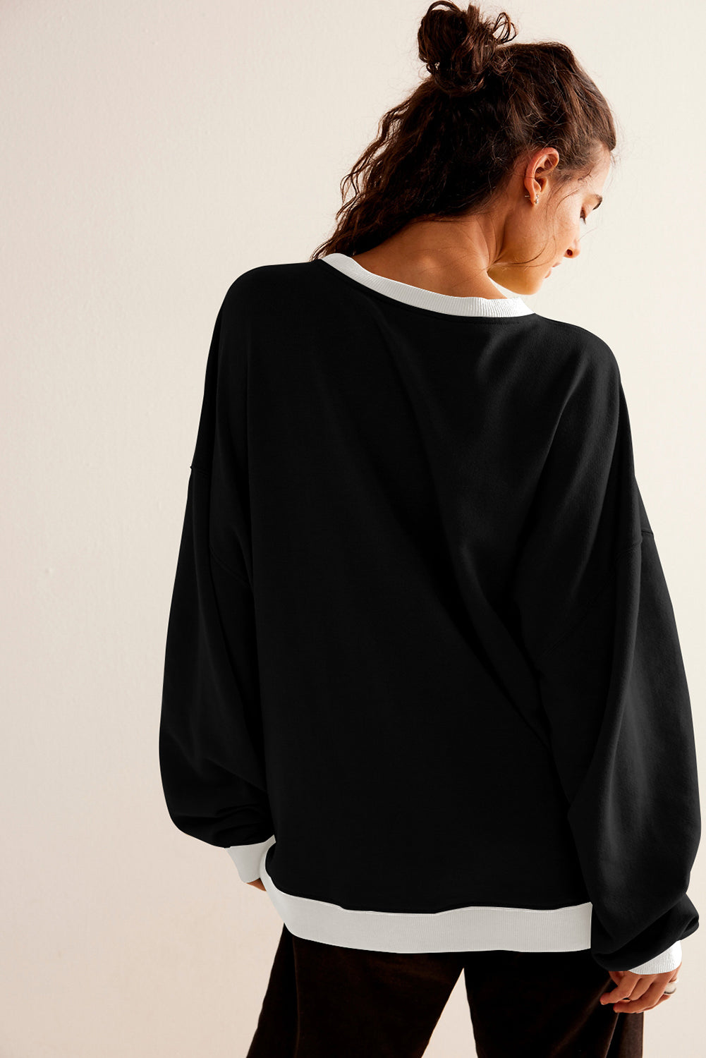 Black Contrast Ribbed Color Block Patchwork Baggy Sweatshirt