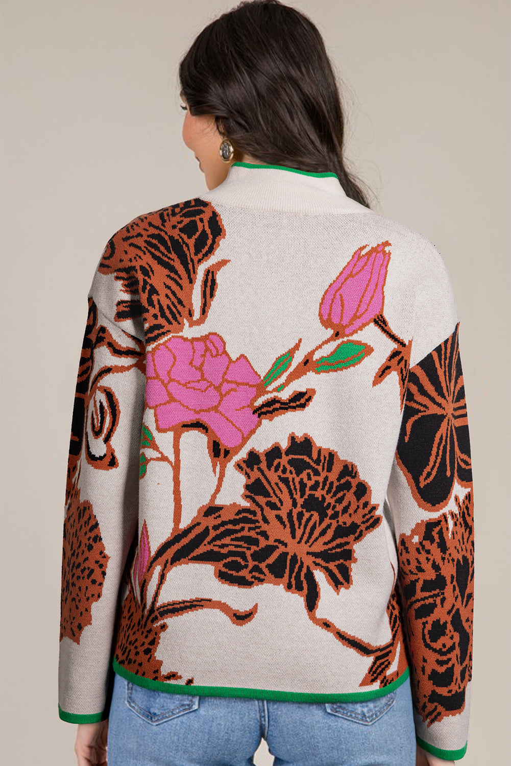 Khaki Contrast Trim Floral Pattern Quarter Zip Stand Neck Sweater