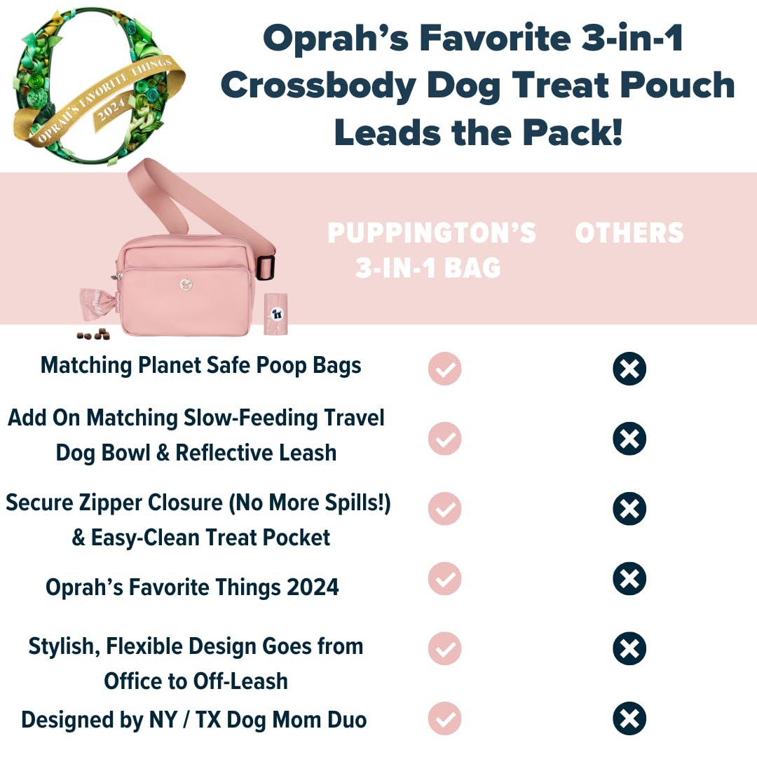 Puppington 3-in-1 Crossbody Bag & Dog Treat Pouch for Pet Training - Matching Poop Bags & Built-In Poop Bag Dispenser - Zippered Pockets - Dog Walking Bag for Office to Off-Leash (Blush Pink)