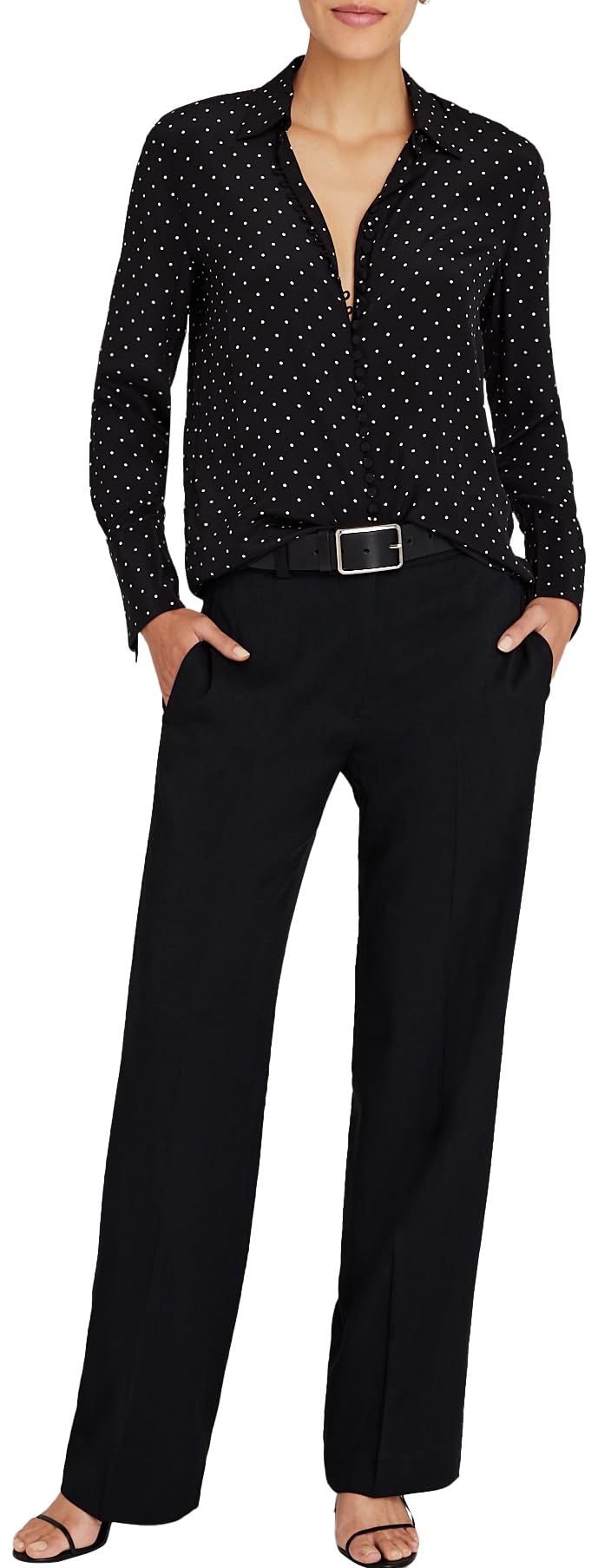 CLUB MONACO Women's Silk Helek Shirt, Black Polka Dot