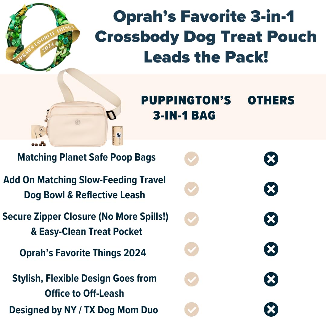 Puppington 3-in-1 Crossbody Dog Treat Pouch for Pet Training - Compostable Poop Bags, Built-In Poop Bag Dispenser, Slow-Feeding Travel Dog Bowl & Reflective Leash - Dog Walking Bag (Vanilla Cream)