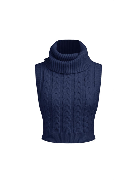 CIDER Women’s Sleeveless Sweater Tops Turtle Necks Cable Knit Croped Vest Tank Top: Blue, M