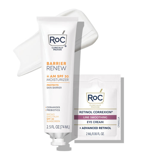 RoC Barrier Renew Day Cream with SPF 30, Moisturizer with Ceramides & Prebiotics to Protect Skin Barrier, Stocking Stuffers for Men & Women, (2.5 oz) with Retinol Eye Cream Packette