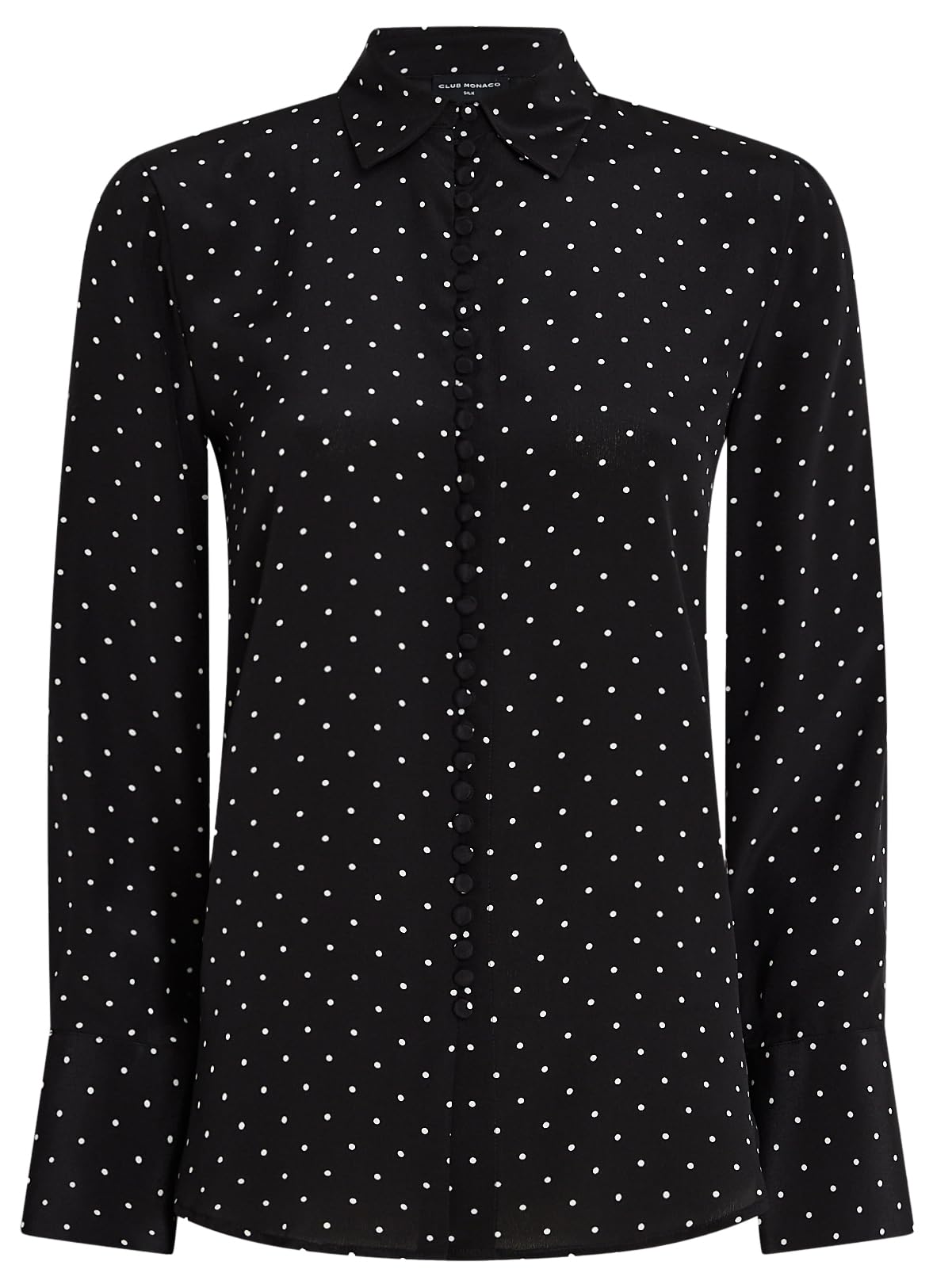 CLUB MONACO Women's Silk Helek Shirt, Black Polka Dot