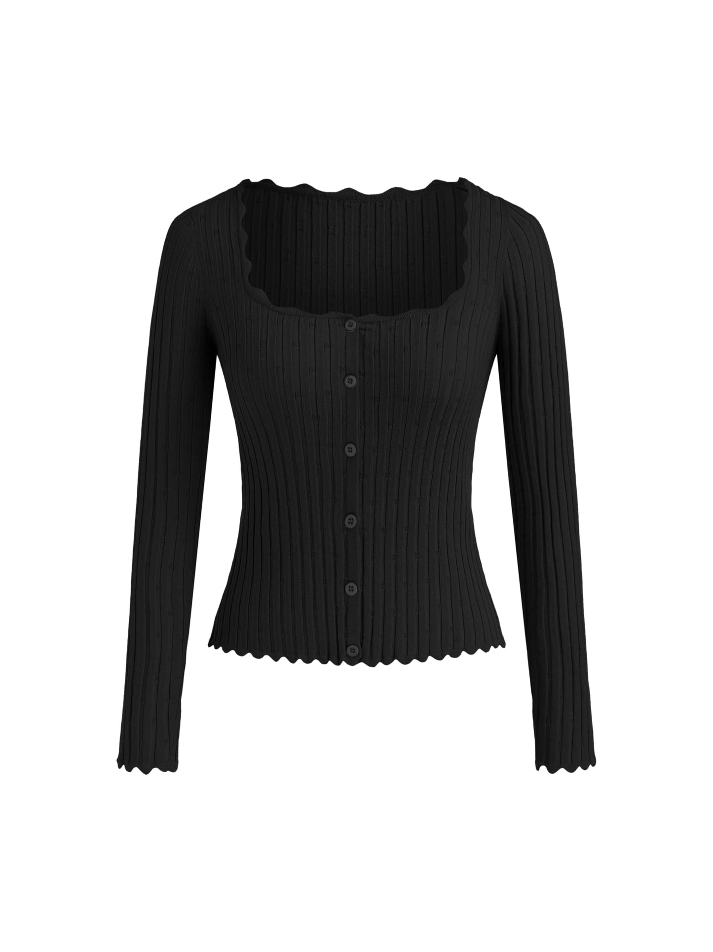 CIDER Women’s Ribbed Knit Crop Cardigan Long Sleeve Square Neck Button Down Shirts Slim it Tops: Black, M