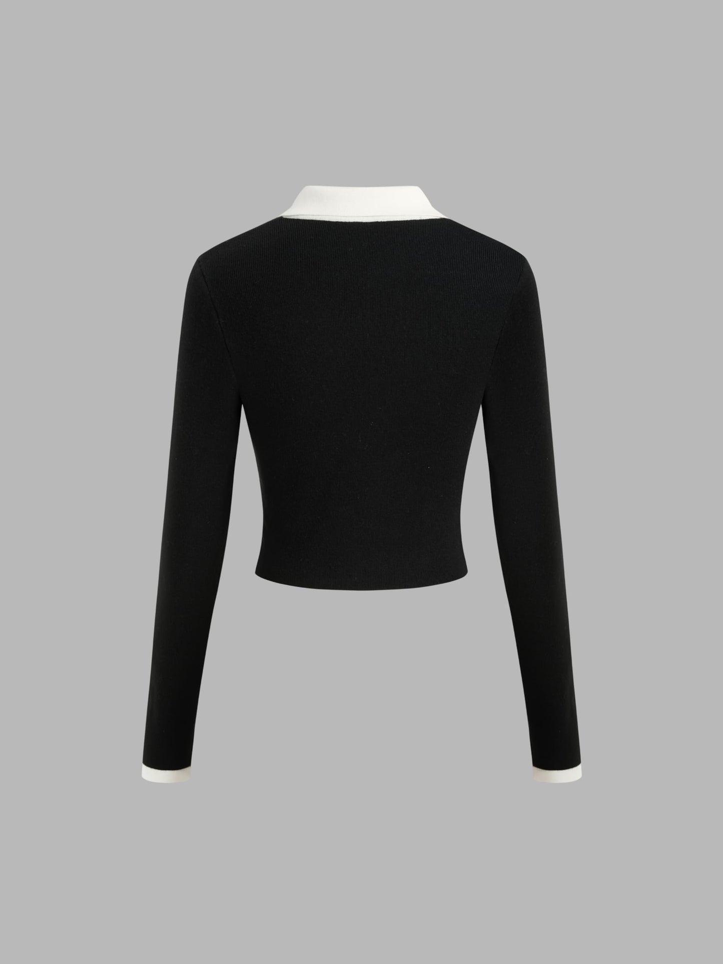 CIDER Women’s Long Sleeve Crop Tops Knitted Color Block Collared V Neck Going Out Tops Basic Tee Shirts: Black, M