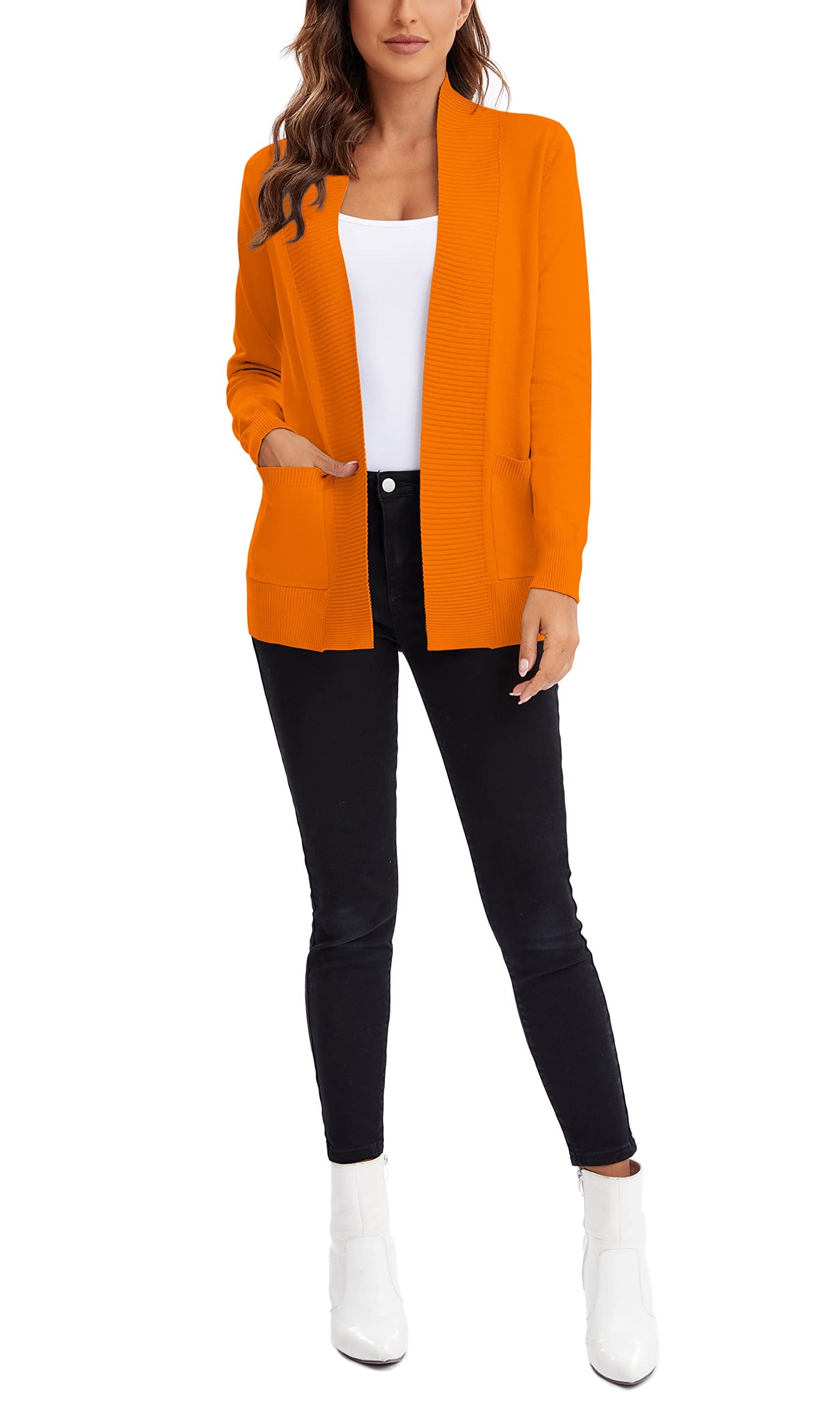 Urban CoCo Women's Lightweight Open Front Knit Cardigan Sweater Long Sleeve with Pocket (Orange, L)