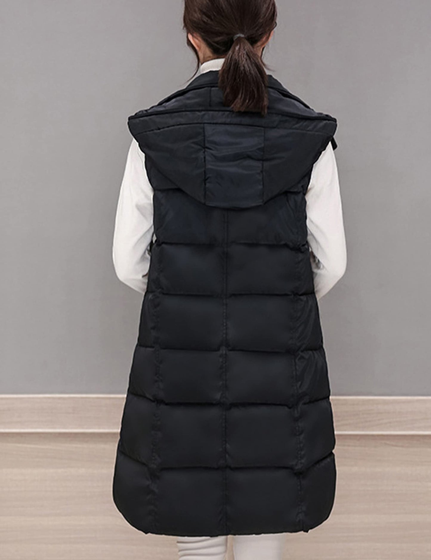 Tanming Women's Long Puffer Vest Casual Sleeveless Puffy Jacket with Removable Hood (Black-M)