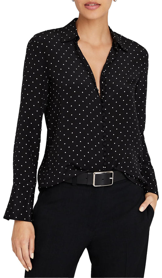 CLUB MONACO Women's Silk Helek Shirt, Black Polka Dot