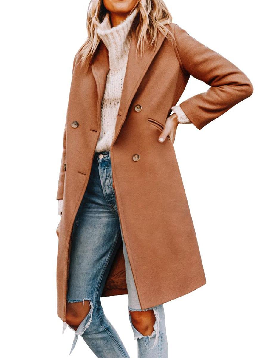 Yousify Womens Notched Lapel Collar Double Breasted Pea Coat Winter Wool Blend Over Coats Long Jackets Caramel L