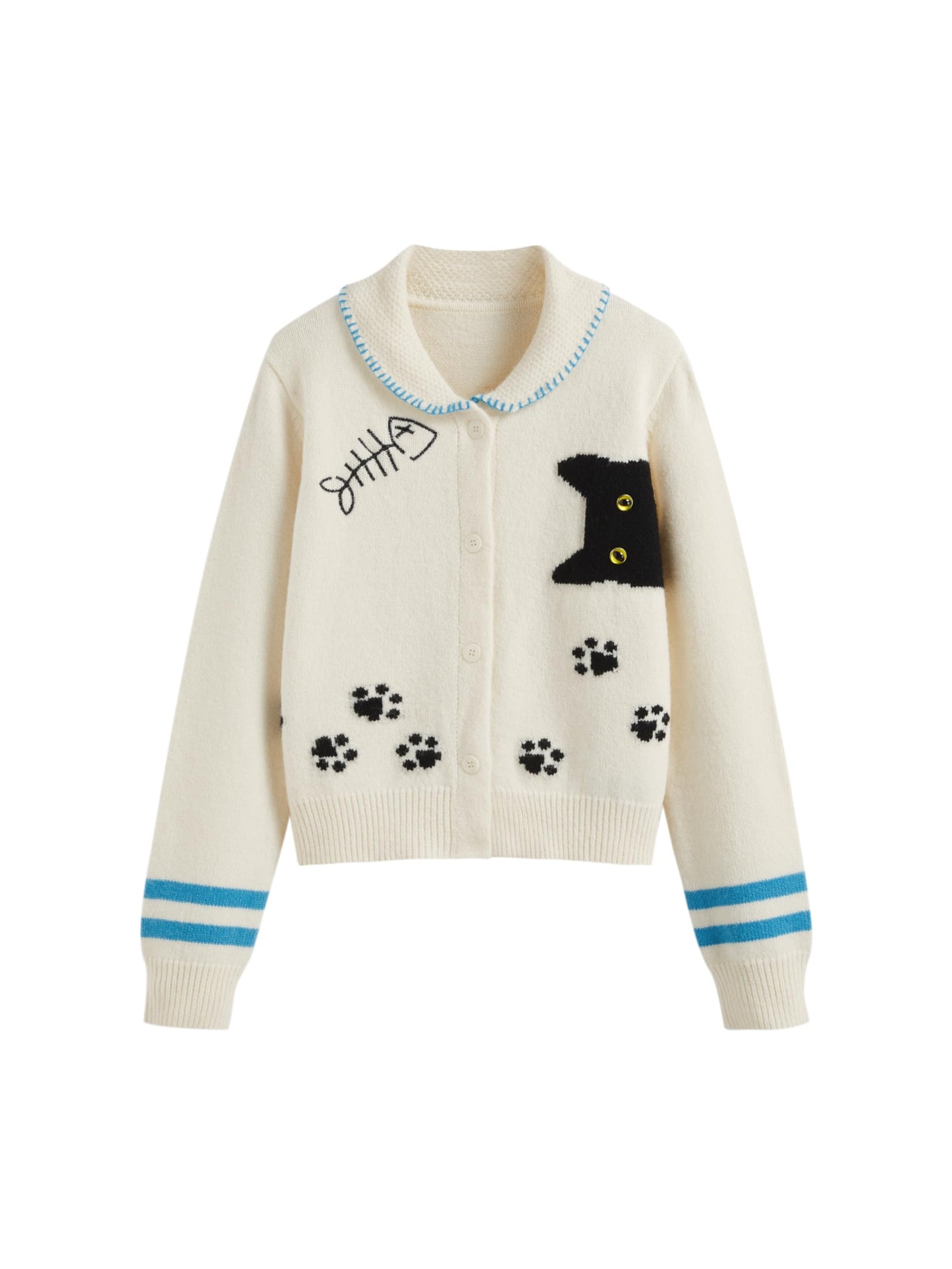 CIDER Cardigan Sweater for Women Knitted Long Sleeve Collared Cat Cute Pattern Button Down Crop Tops: White, M