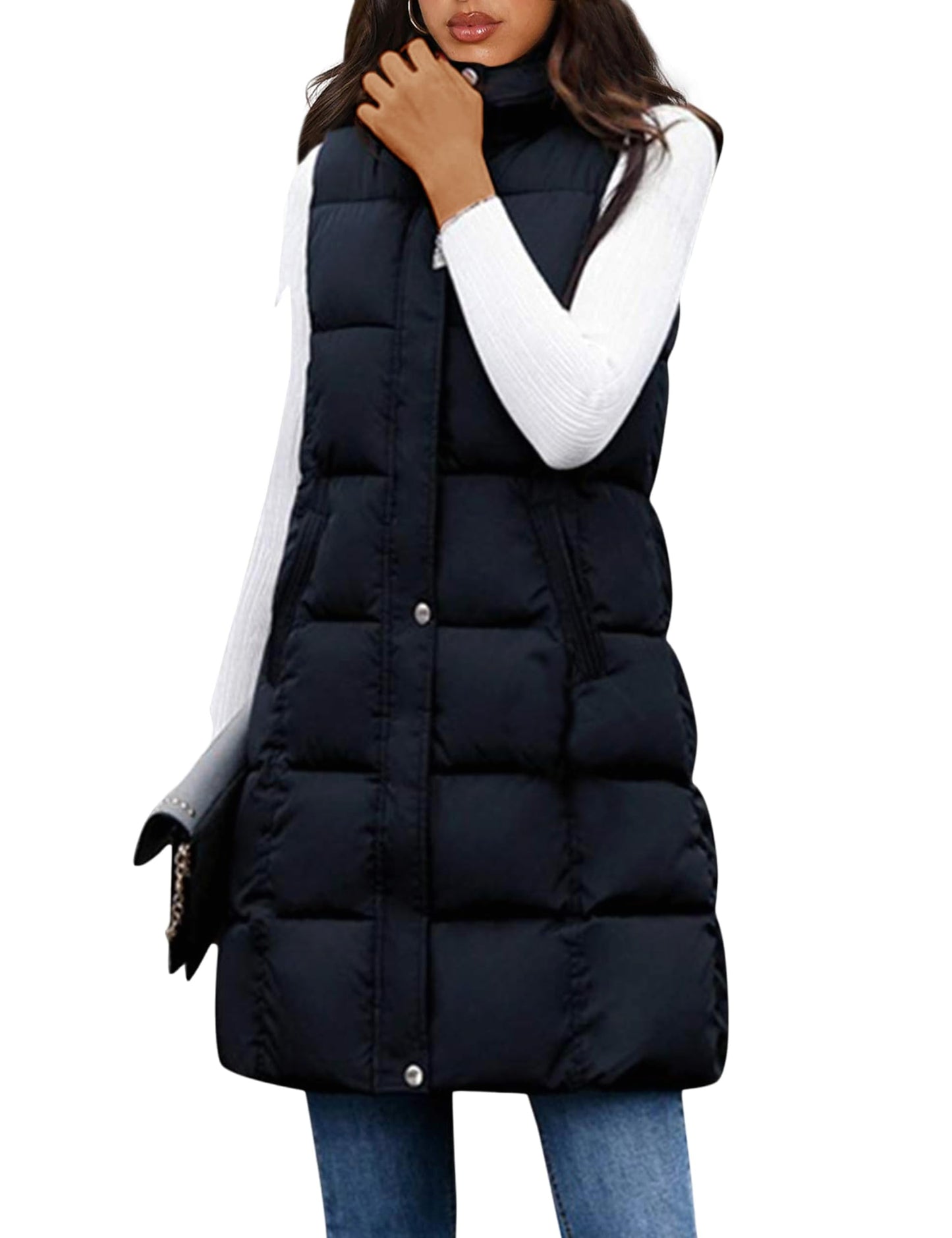 Tanming Women's Long Puffer Vest Casual Sleeveless Puffy Jacket with Removable Hood (Black-M)