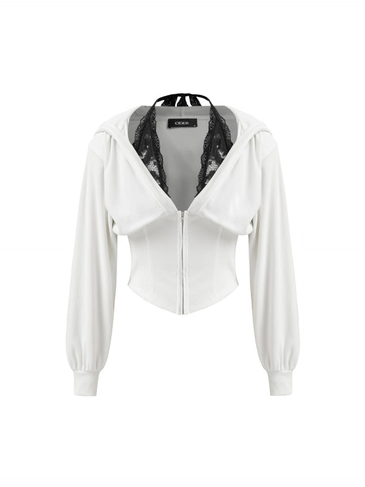 CIDER Zip Up Hoodie Women Cropped Sweatshirts Lace Halter Long Sleeve Corset Hoodie Trendy Jackets Y2K Outfits: White, M