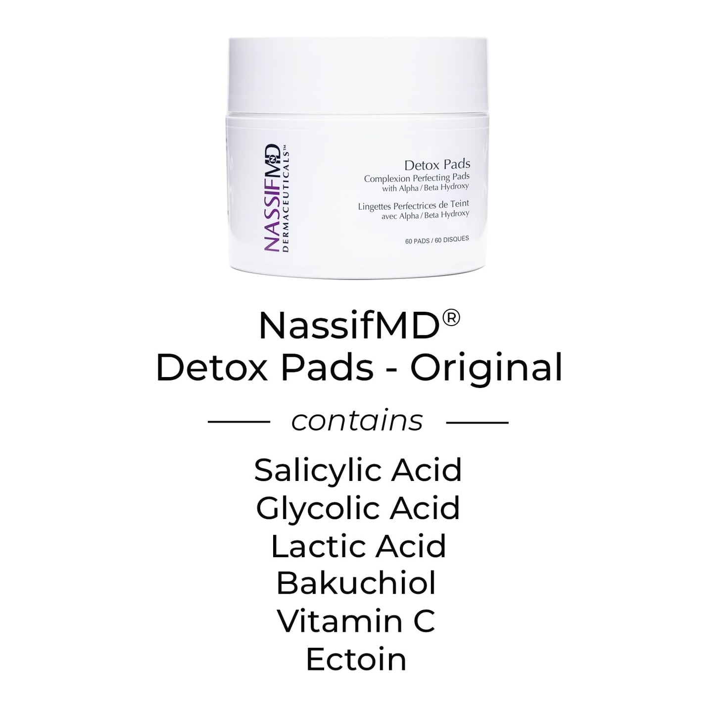 NassifMD Detox Pads Facial Radiance Pads, Glycolic Acid Pads, Witch Hazel Toner, Face Exfoliating Pads Salicylic Acid Wipes, BHA AHA Pads, Resurfacing Pads for Face (30 Count or 60 Count)