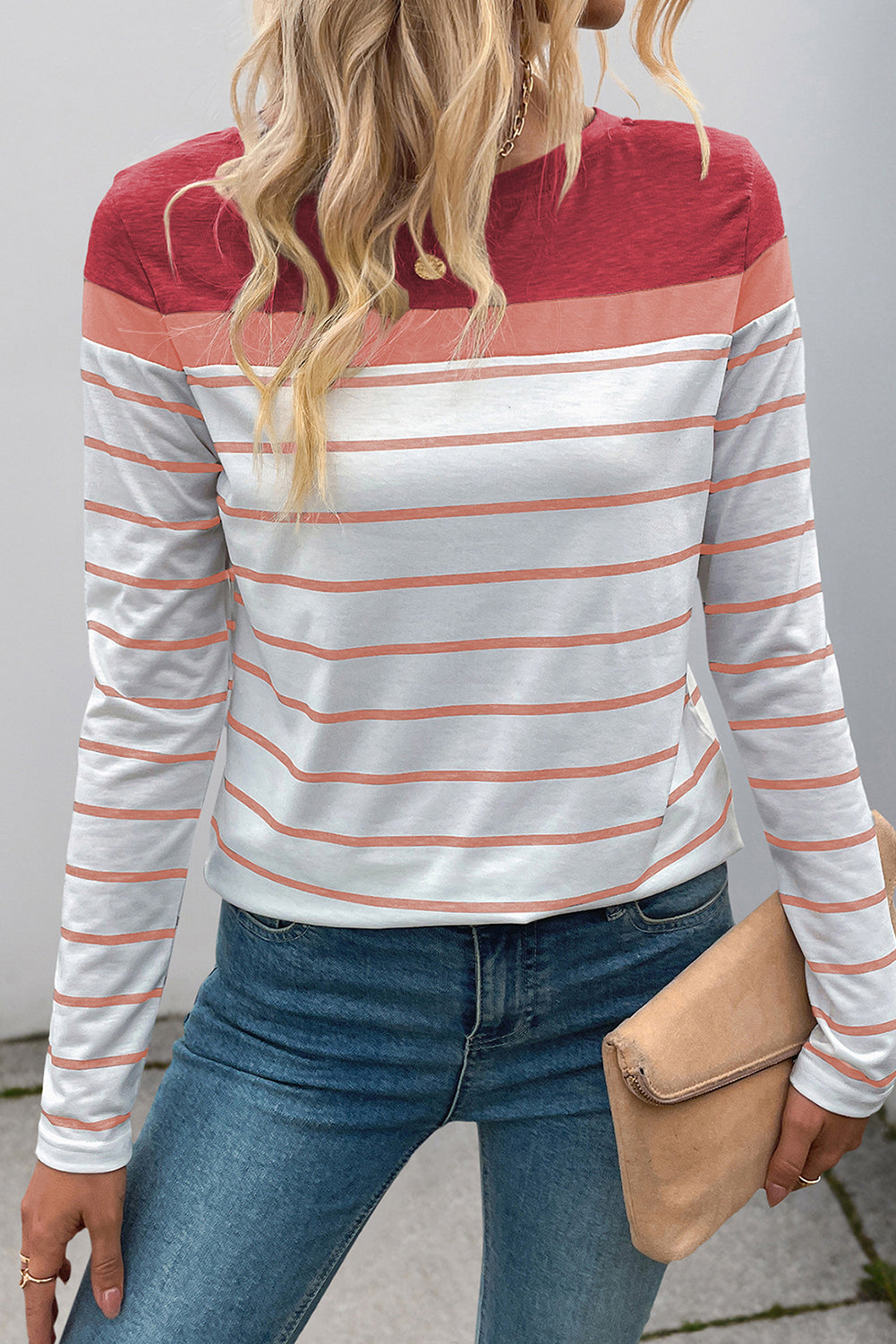Red Stripe Colorblock Casual Long Sleeve Top