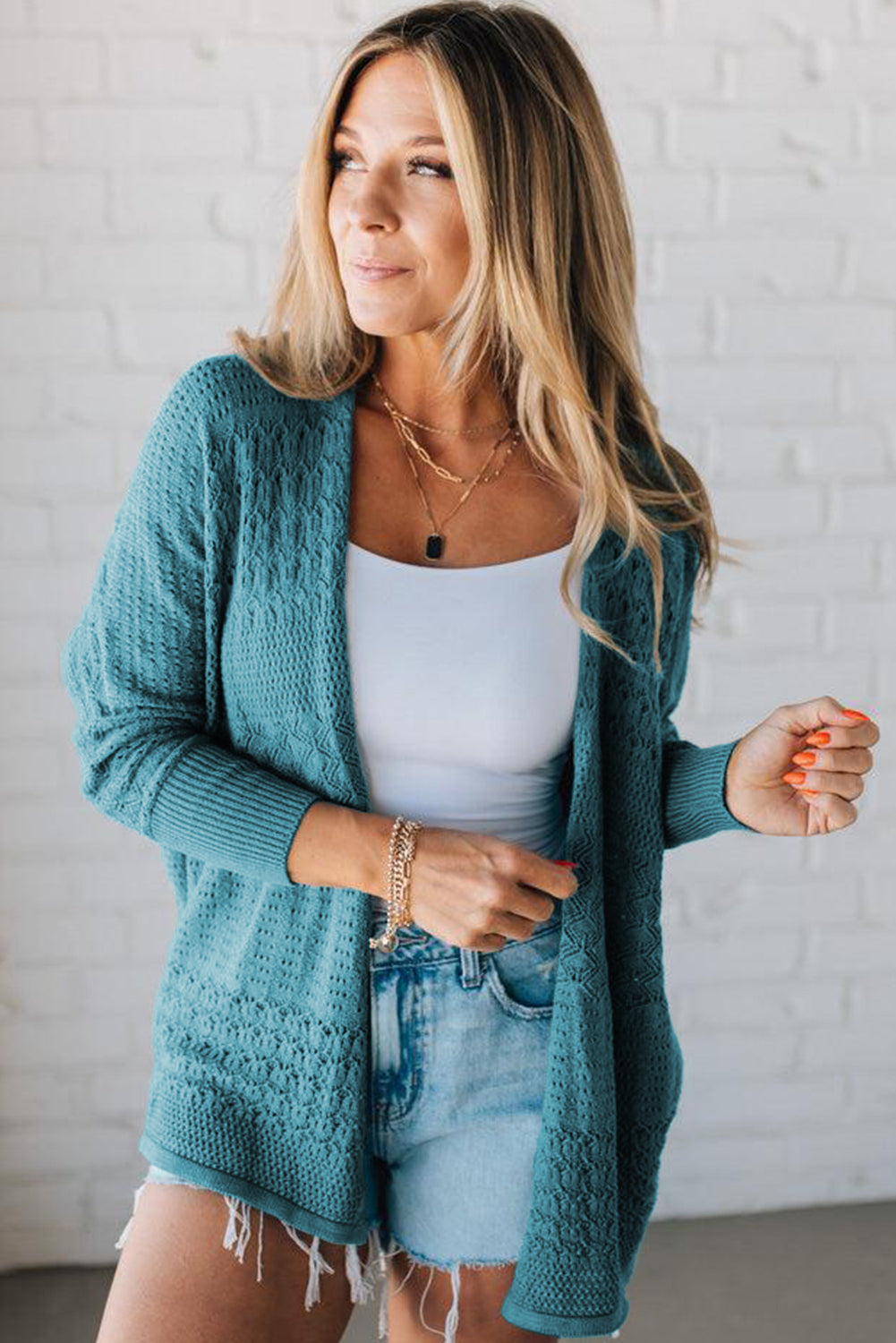 Lapis Mix Pattern Hollow Knit Open Front Cardigan
