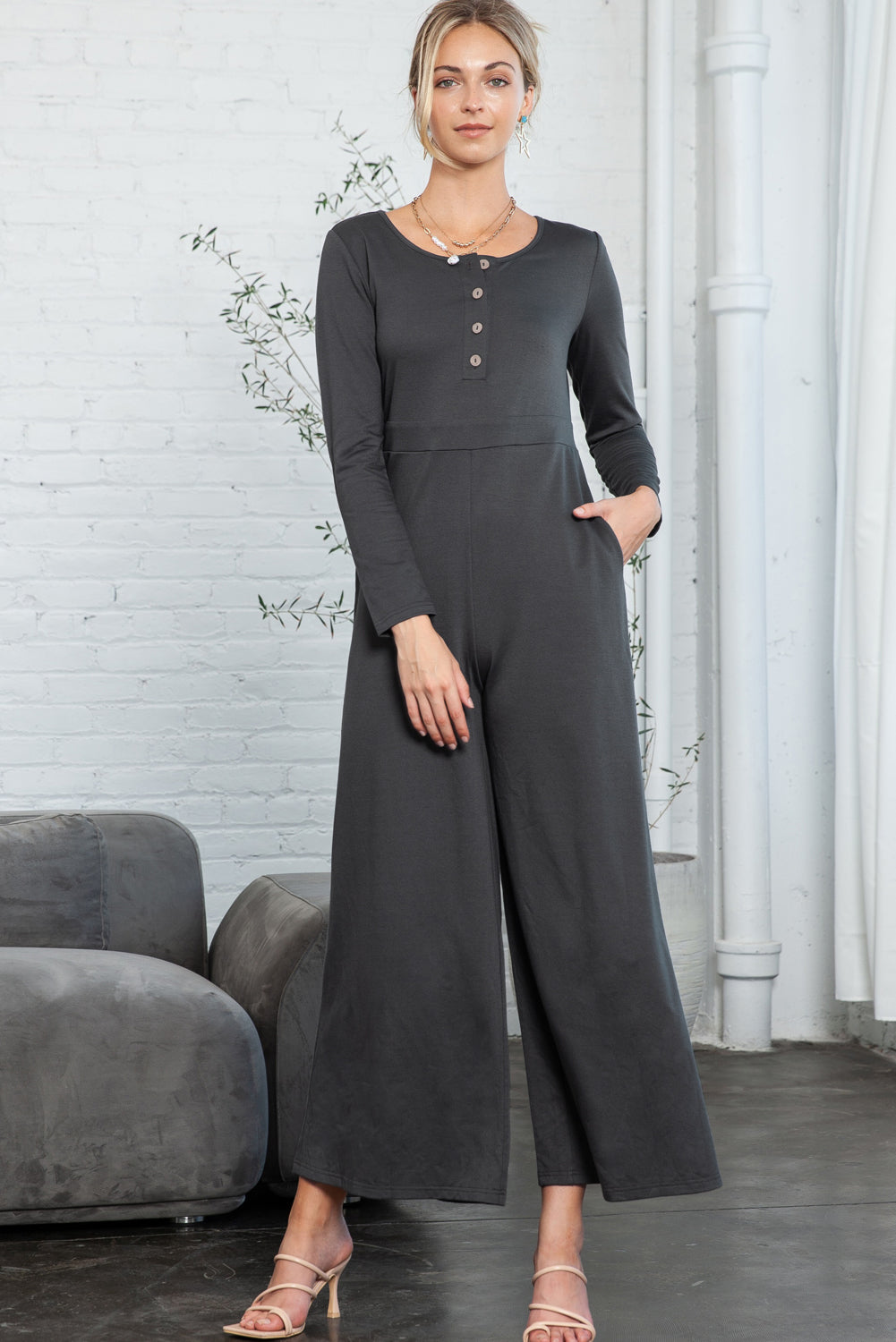 Dark Grey Henley Long Sleeve Wide Leg Jumpsuit with Pockets