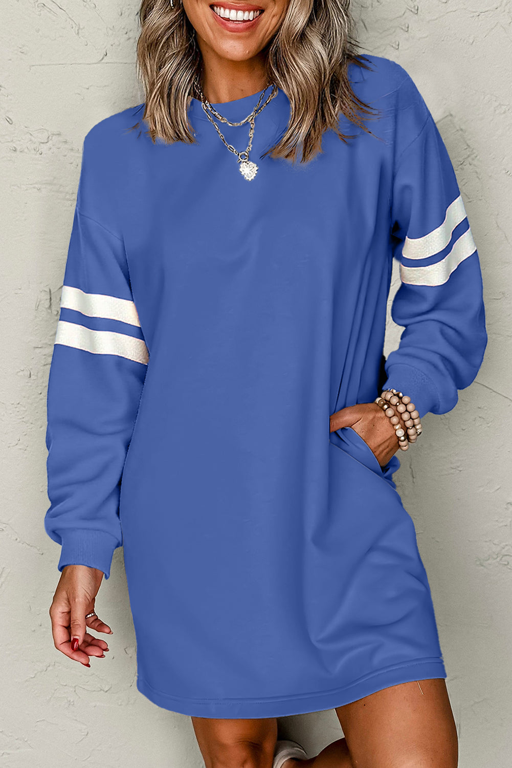 Sky Blue Preppy Striped Sleeve Loose Mini Dress